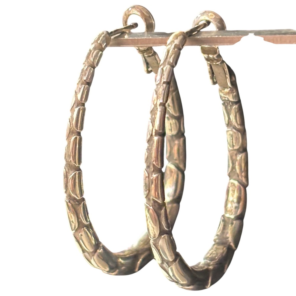 Vintage 925 Silver Textured Pebble Link Oval Hoop Earrings